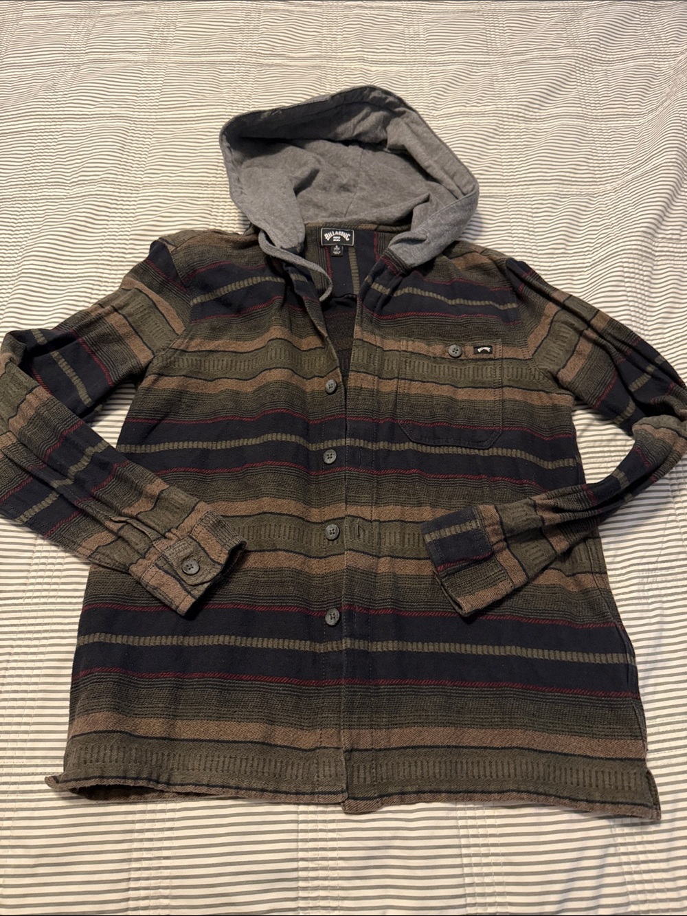 Billabong Striped Button-Down Hoodie Shirt in Olive, Navy, Gray